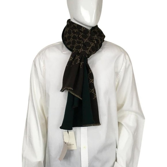 Gucci Men's Scarf Double Sided Green Other Side Brown Beige Monogram DM8 - Picture 1 of 15